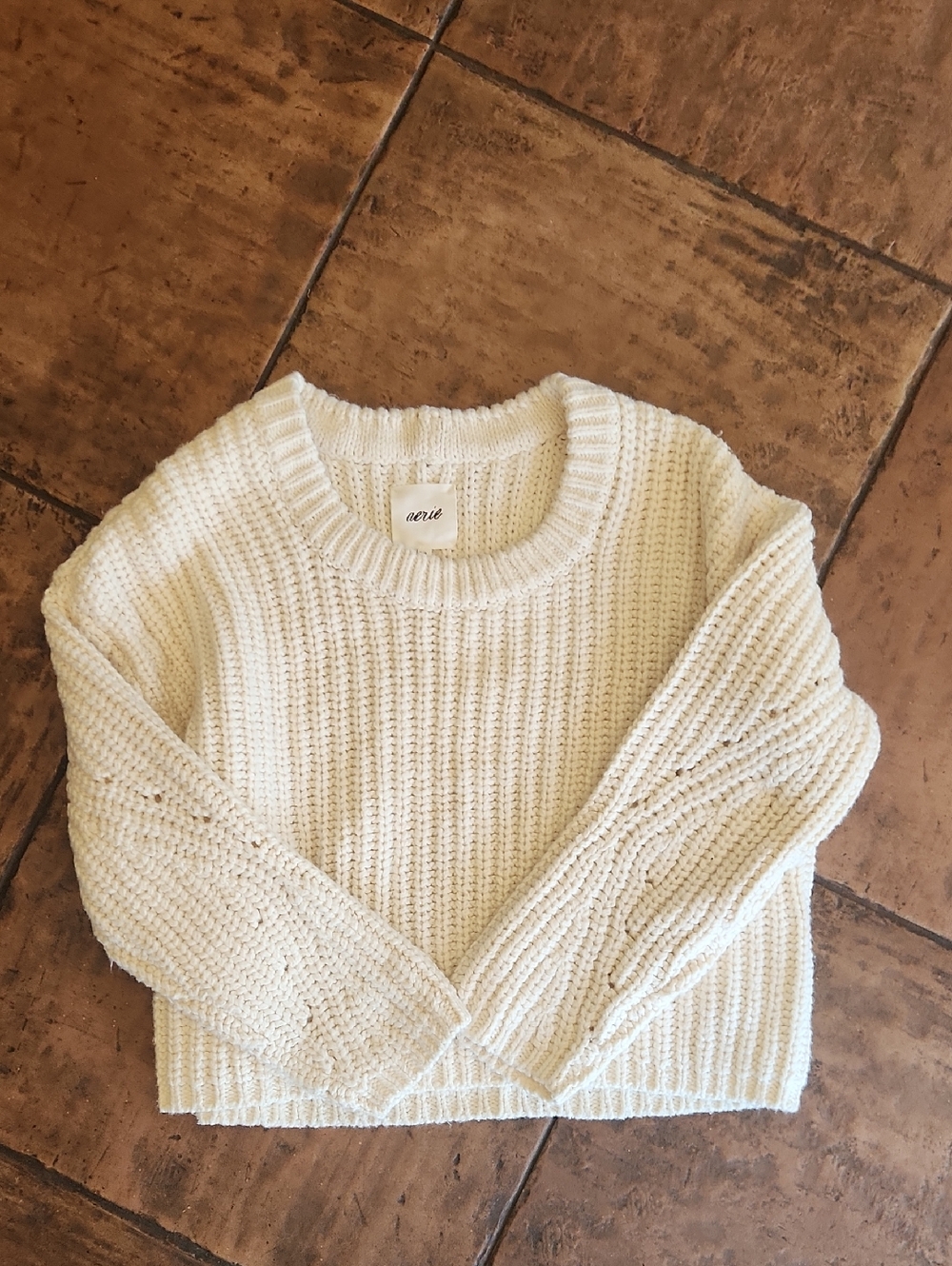 Brand New, Never Worn Women's Aerie Ivory Ribbed Crewneck Sweater, Size Small